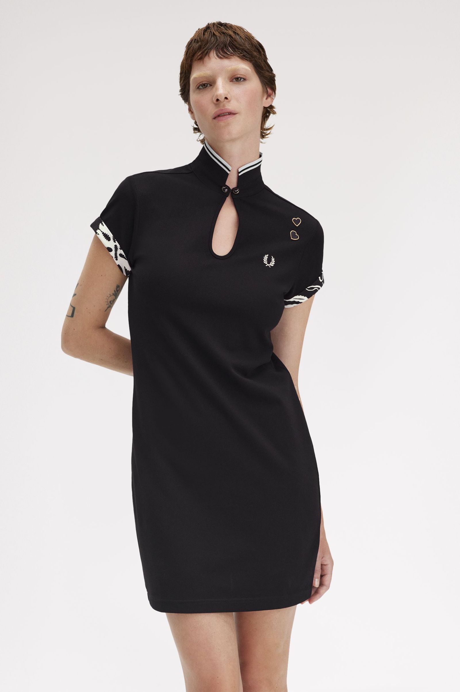Fred Perry Amy Winehouse Printed Trim Piqué Dress in Black 