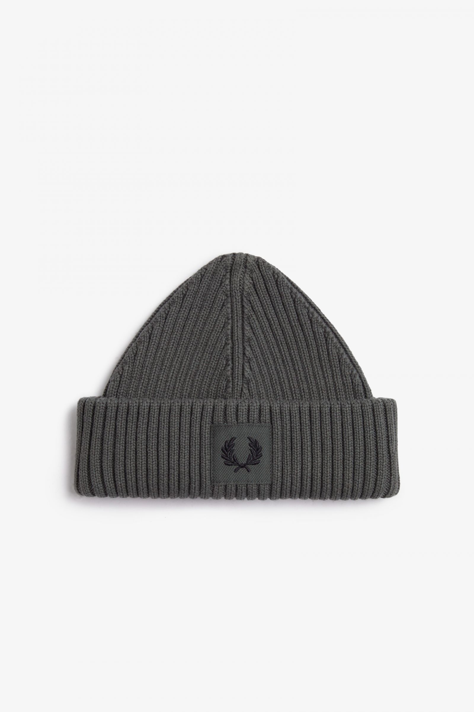 Fred Perry Branded Patch Ribbed Beanie in Field Green/Black
