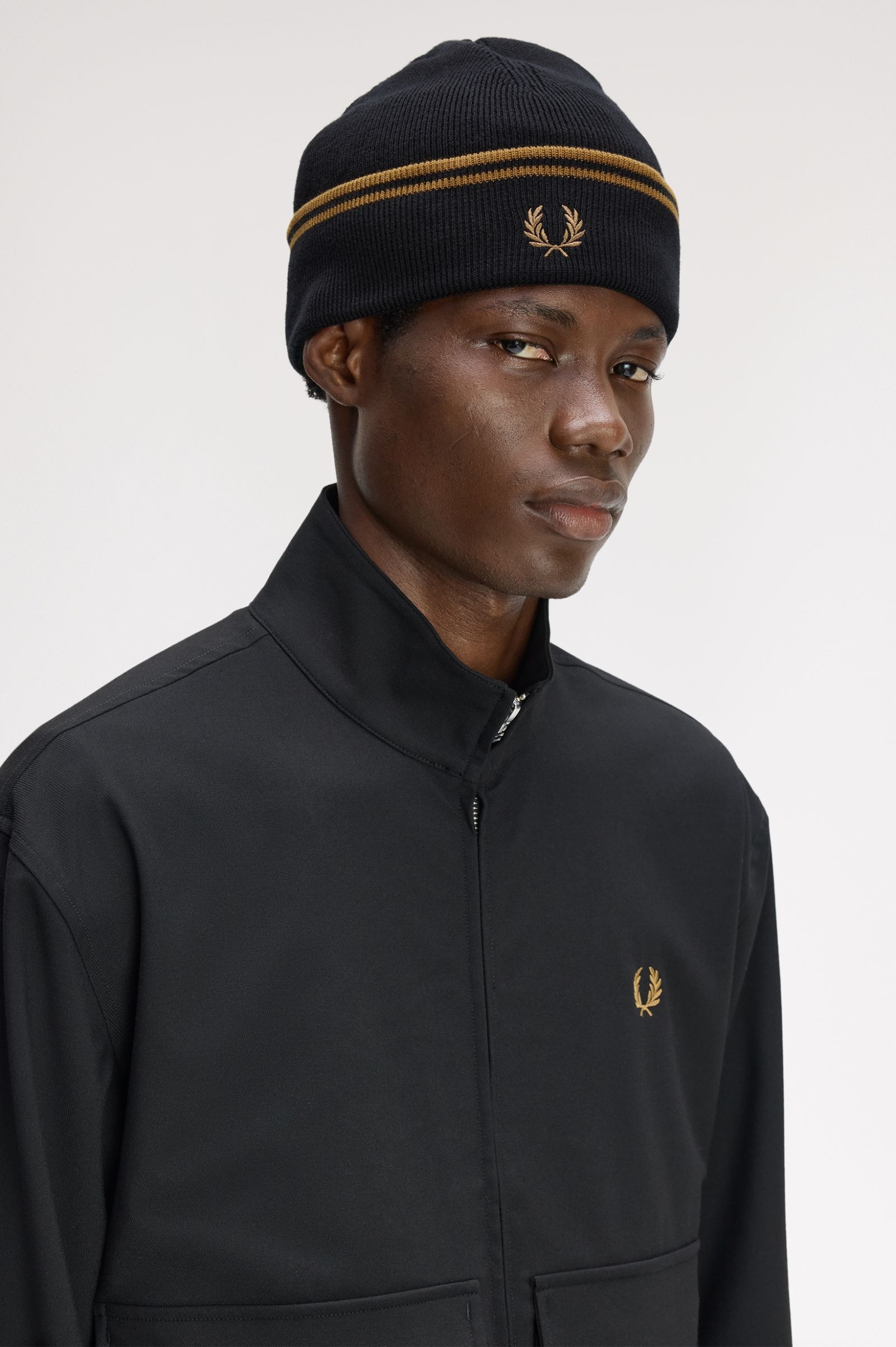 Fred Perry Twin Tipped Merino Wool Beanie (Black/Dark Caramel)