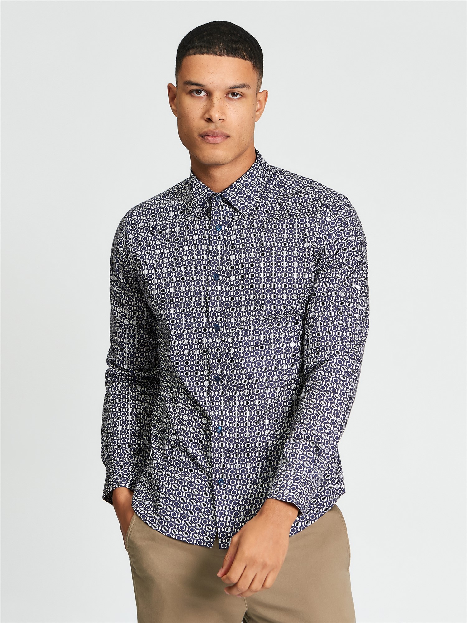 Ben Sherman Long Sleeve Mono Geo Print Shirt (Twilight Denim)