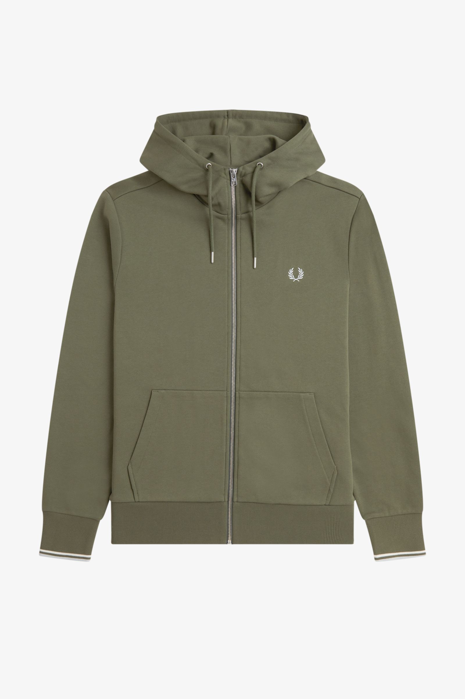 Fred Perry Hooded Zip Through Sweatshirt (Laurel Wreath Green/Ecru/Dusk Blue)