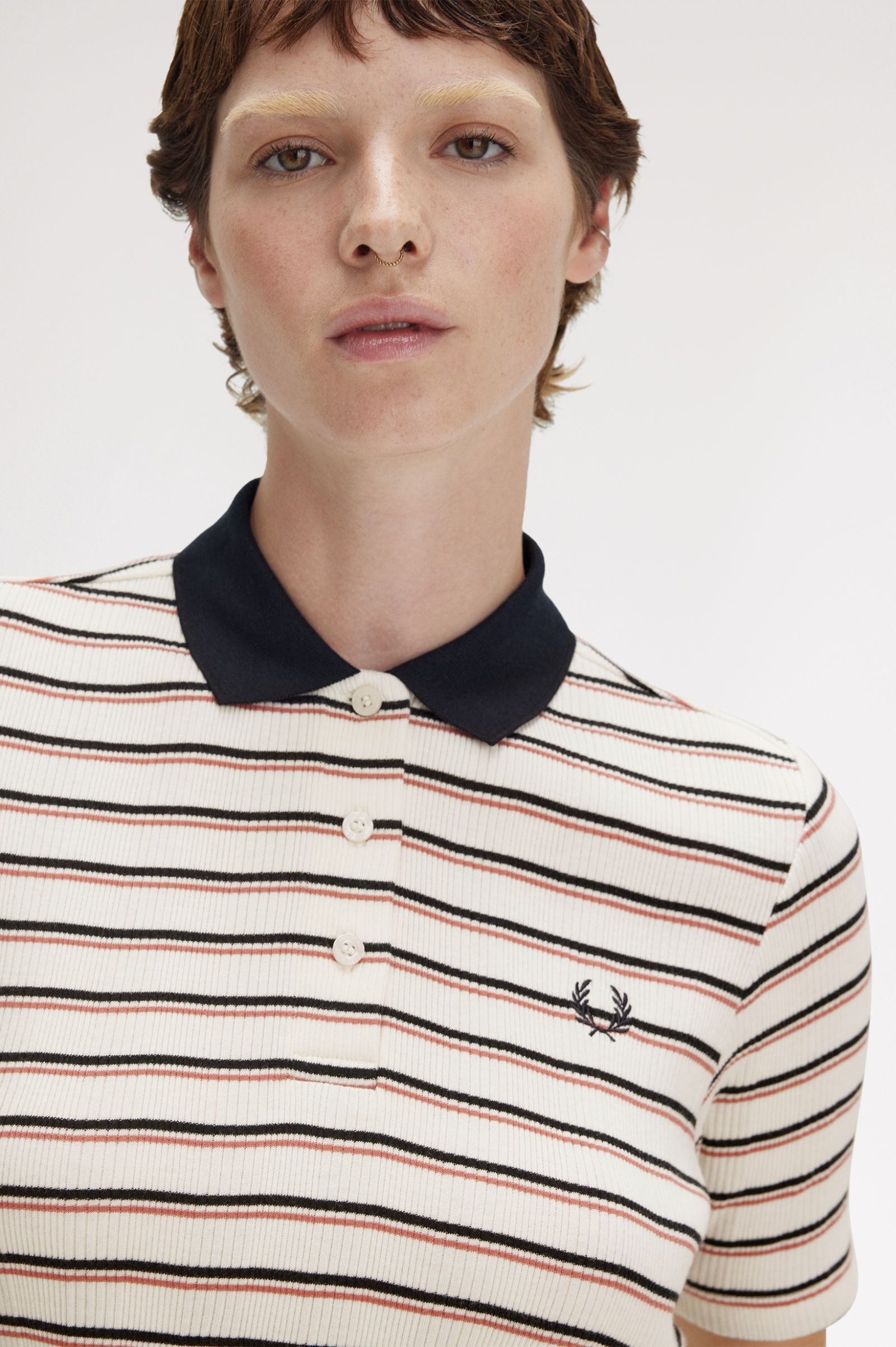 Fred Perry Stibed Ribbed Polo Shirt in Silky Peach