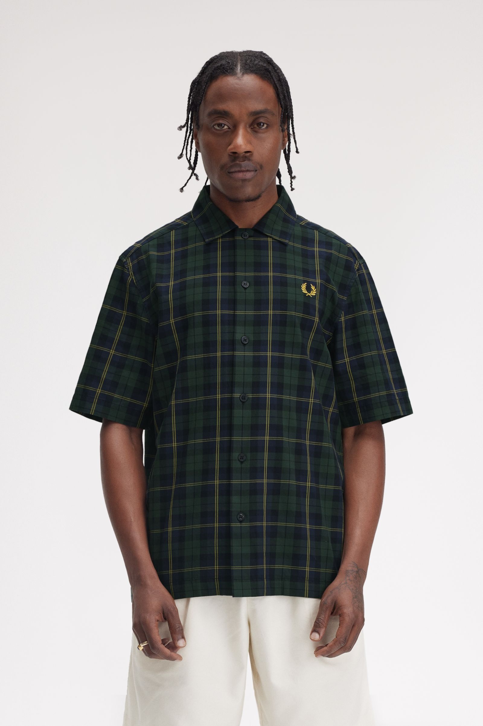 Fred Perry Tartan Twill Short Sleeve Shirt in in Navy 