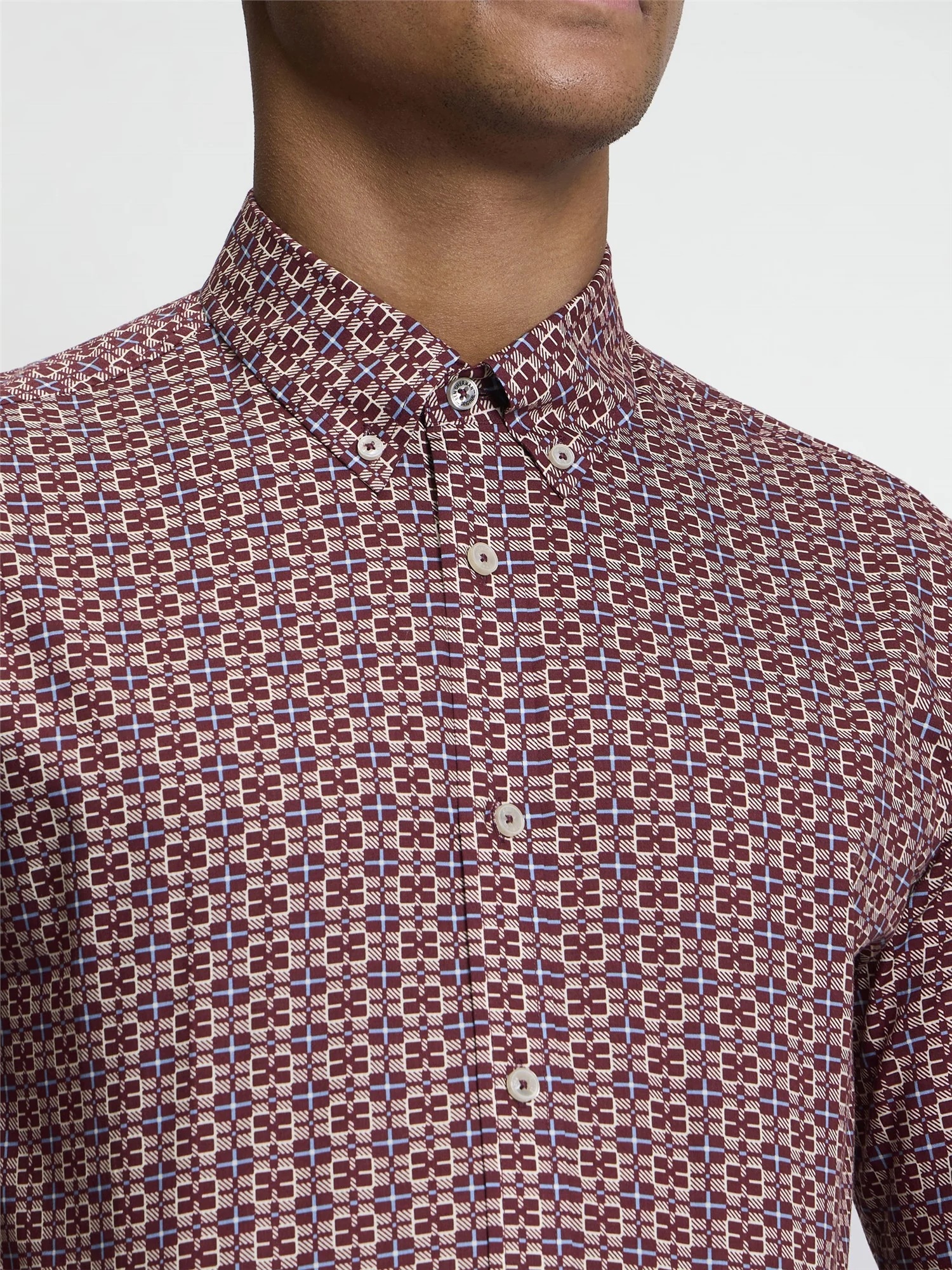 Ben Sherman Long Sleeve Block Geo Print Shirt (Maroon)