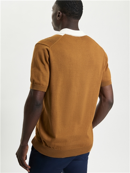Ben Sherman Textured Block Stripe Knitted Polo in Caramel