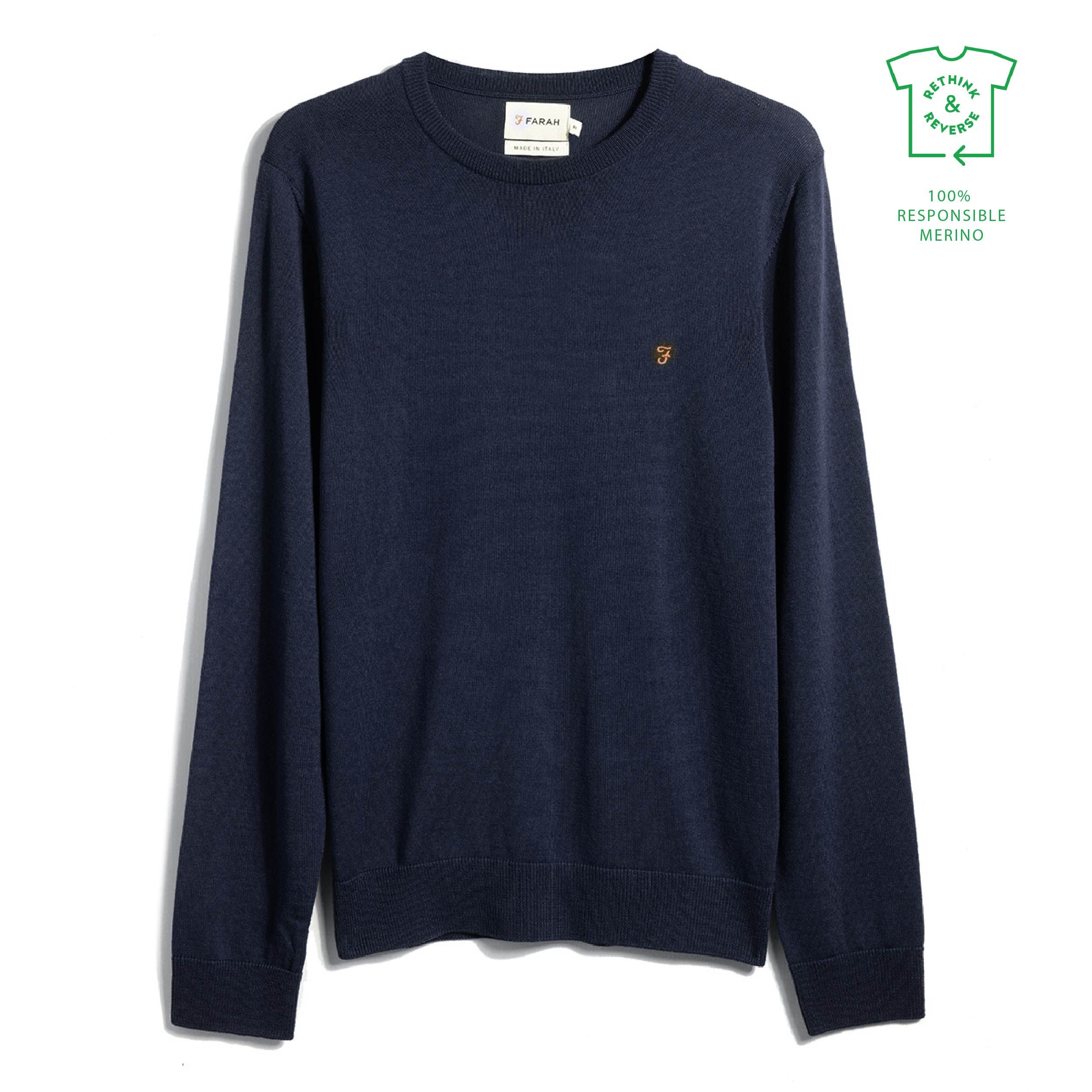  Farah Mullen Merino Wool Crew Neck Sweater (True Navy) 