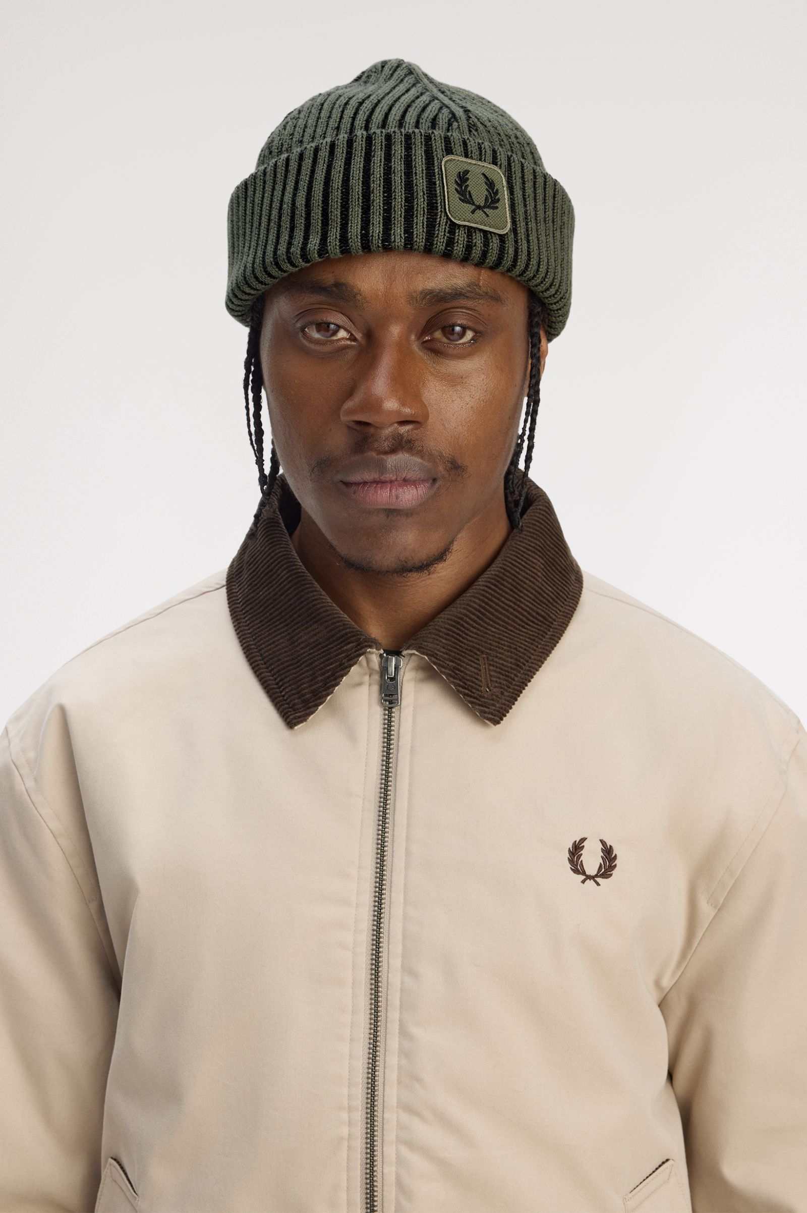 Fred Perry Cotton Ribbed Beanie (Laurelwreathgreen/Black) 