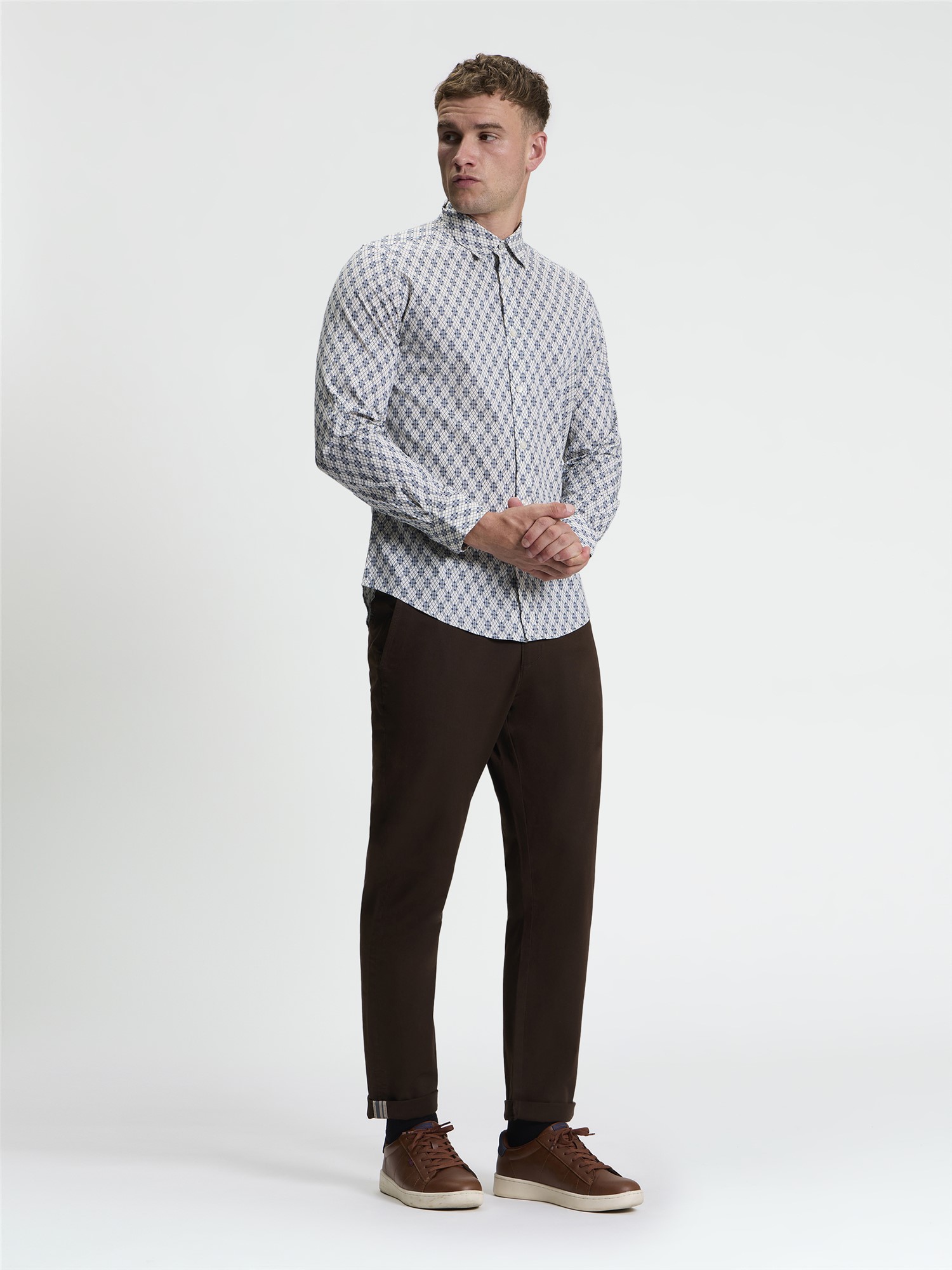 Ben Sherman Long Sleeve Linear Geo Print Shirt (Off White)
