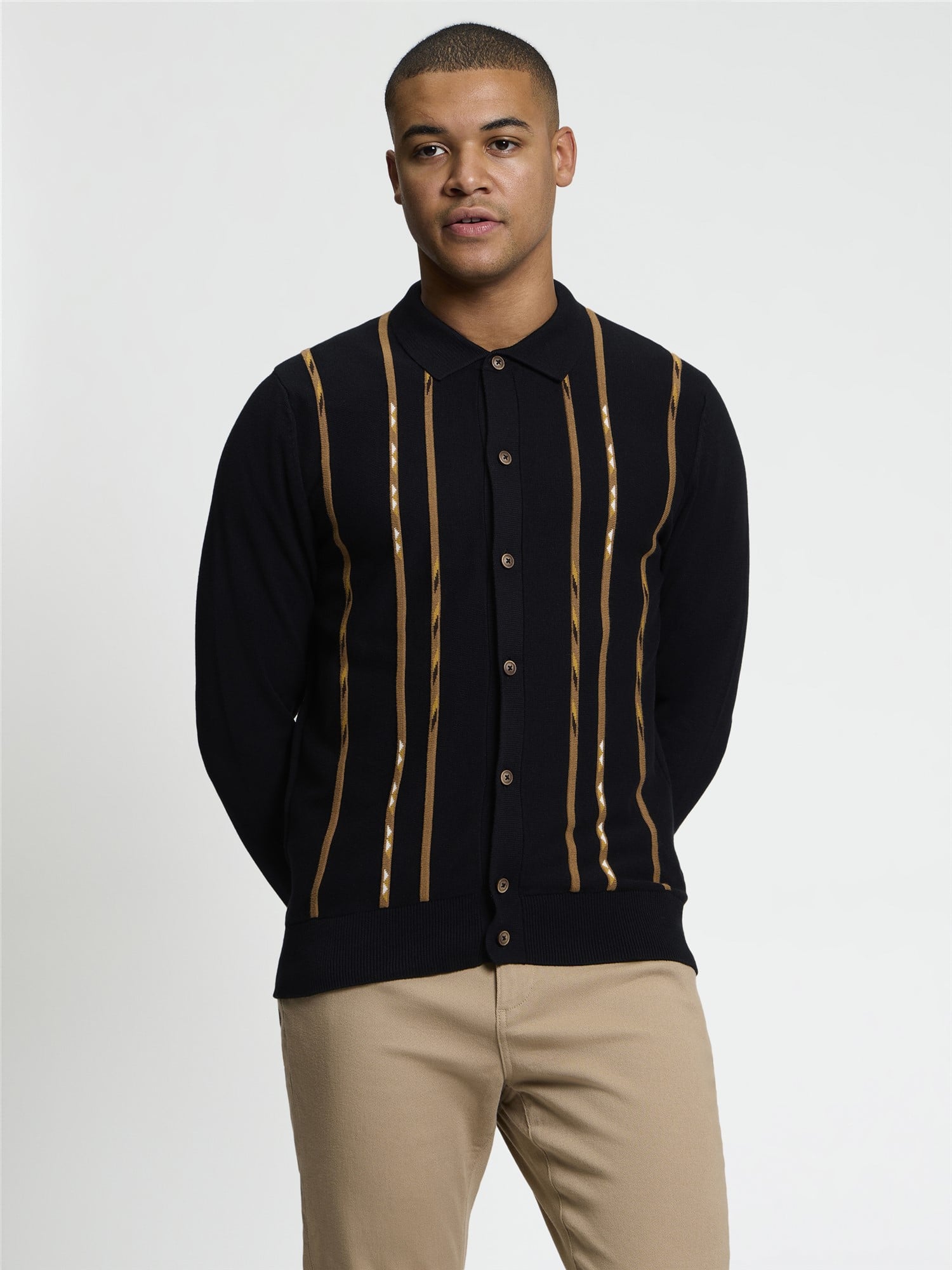 Ben Sherman Long Sleeve Placed Geo Polo (Black) 