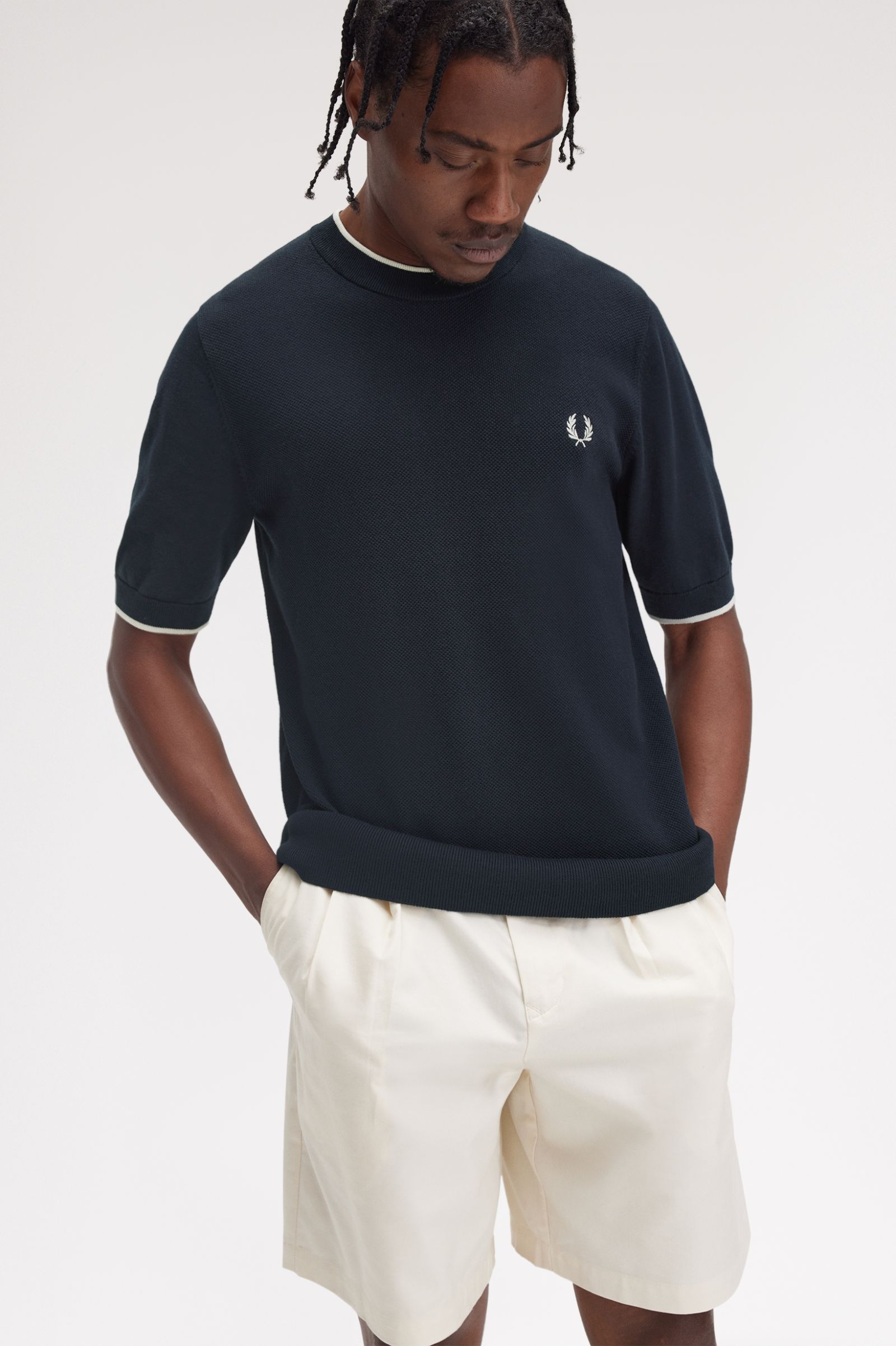 Fred Perry Texture Front Knitted T-Shirt in Navy 