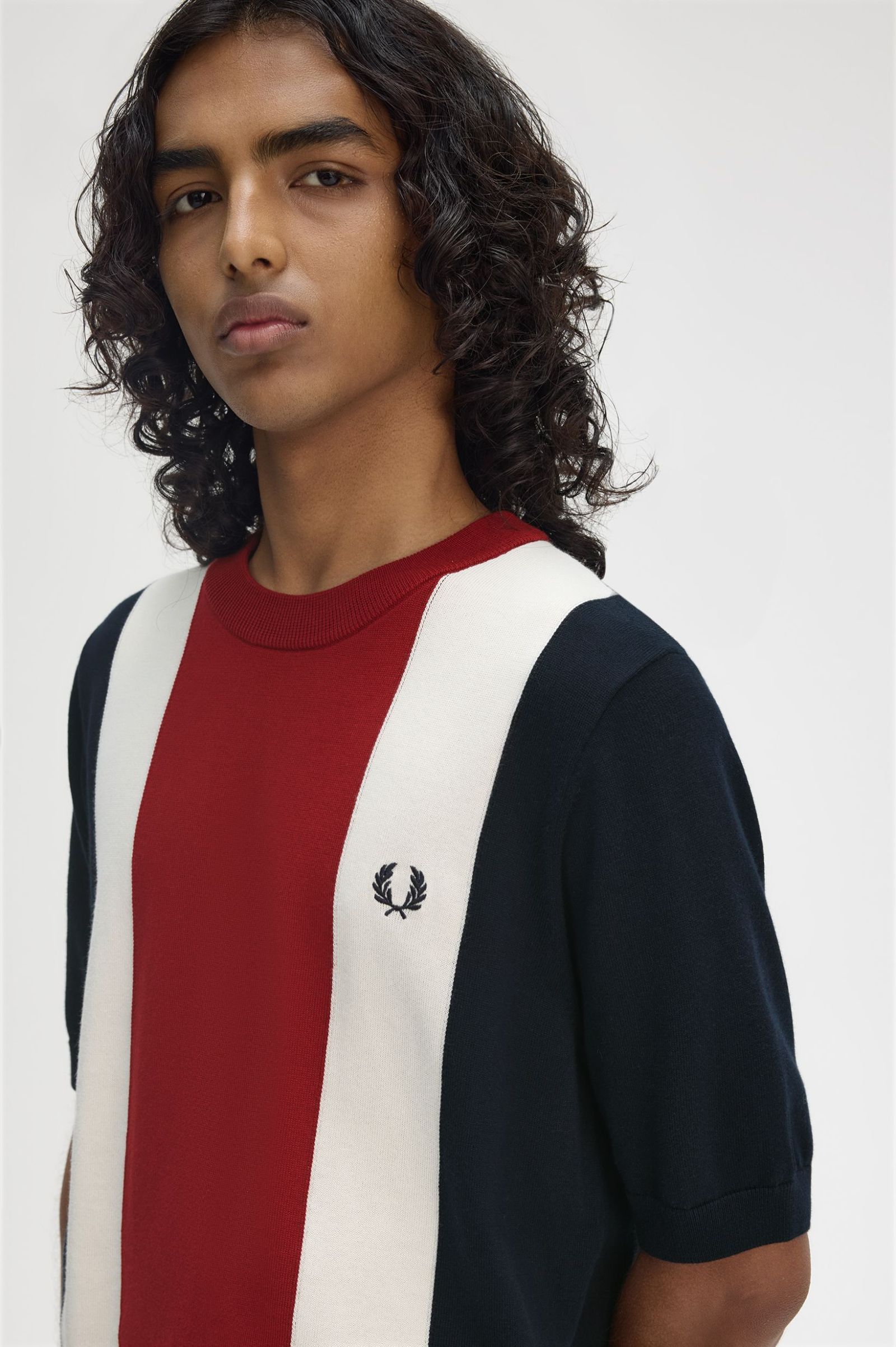 Fred Perry Vertical Stripe Knitted T-Shirt in Navy/Burnt Red/Ecru
