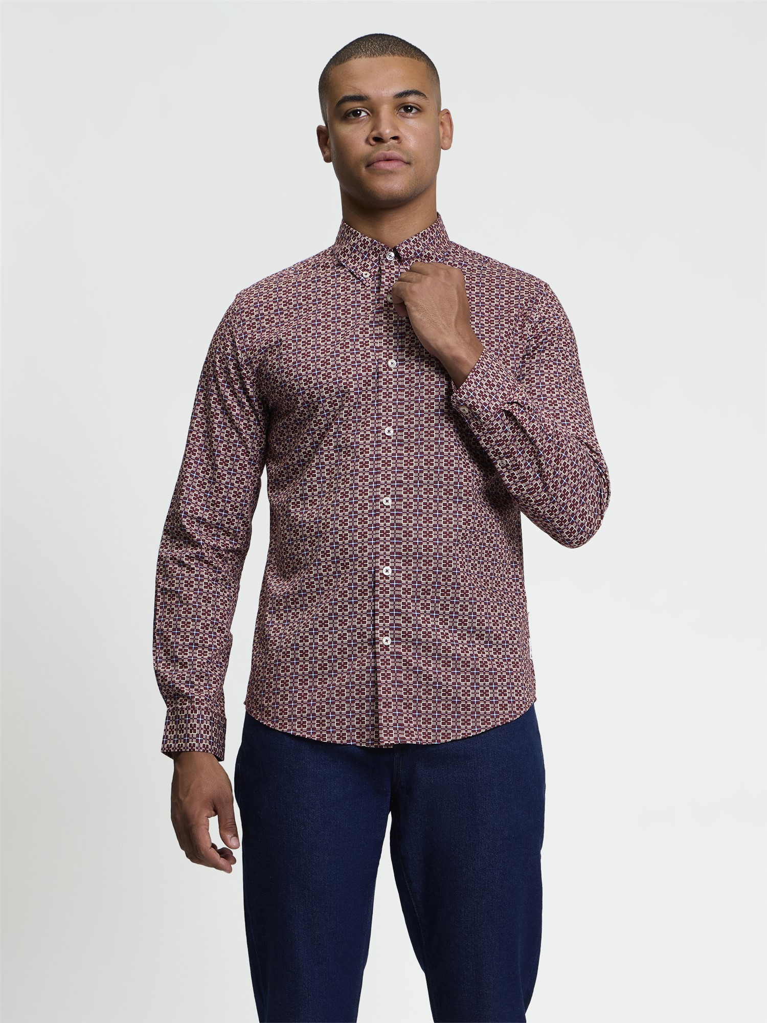 Ben Sherman Long Sleeve Block Geo Print Shirt (Maroon)