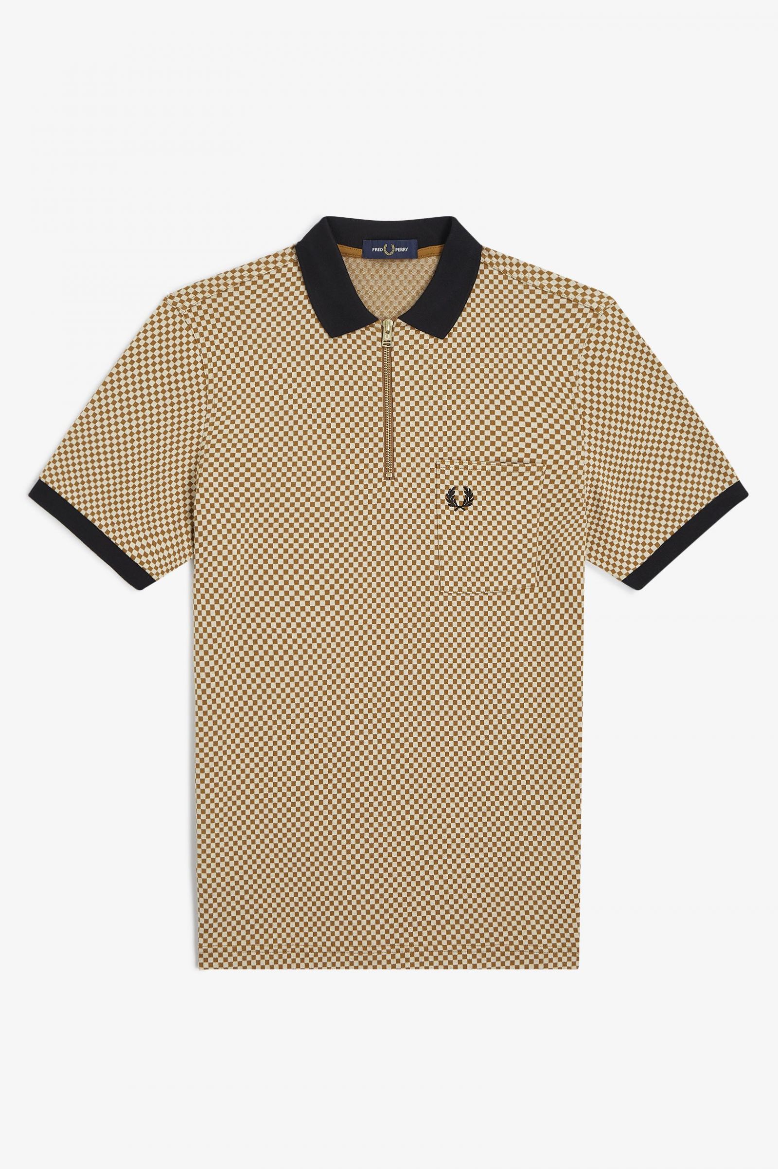 Fred Perry Poloshirt Micro Chequerboard in Oatmilk/ Dark Caramel