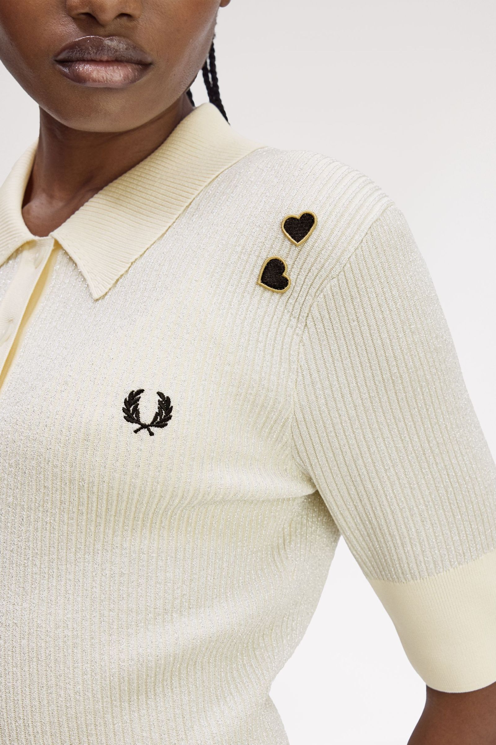 Fred Perry Amy Winehouse Metallic Rib Knit Polo Shirt (Ecru)