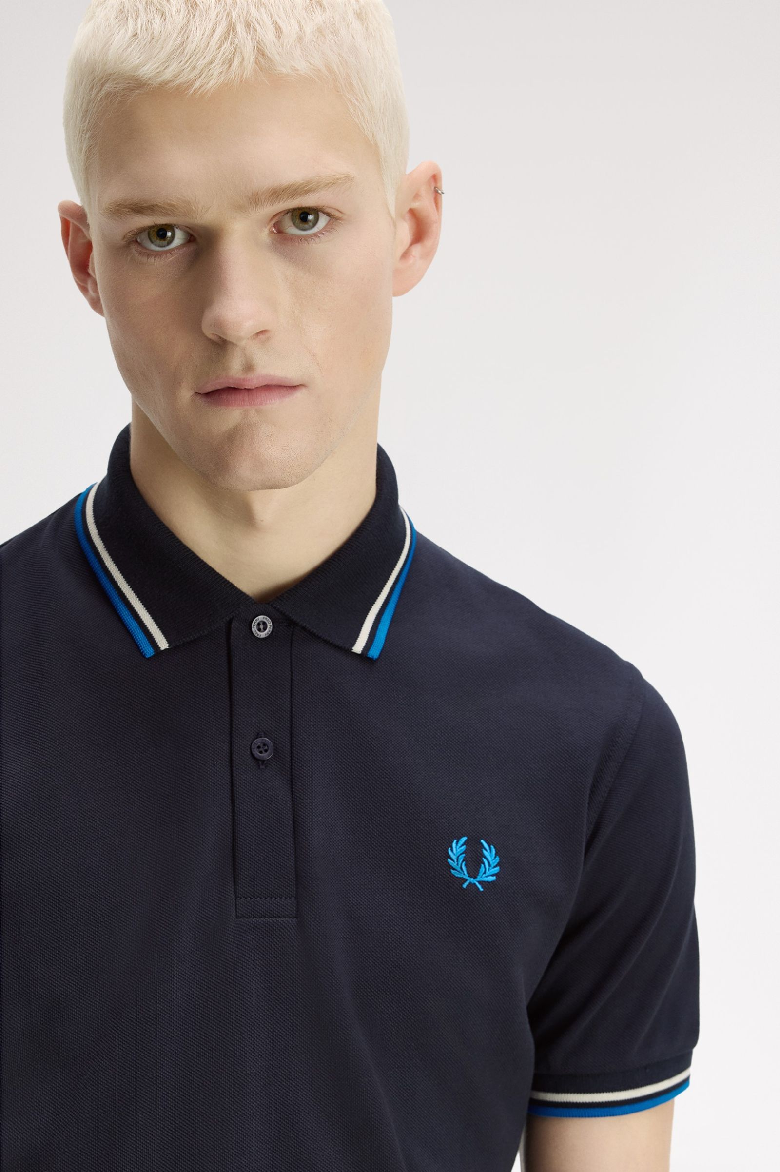 Fred Perry Made in England M12 Twin Tipped Polo Shirt (Navy/Tramline White/Indoor Court Blue)