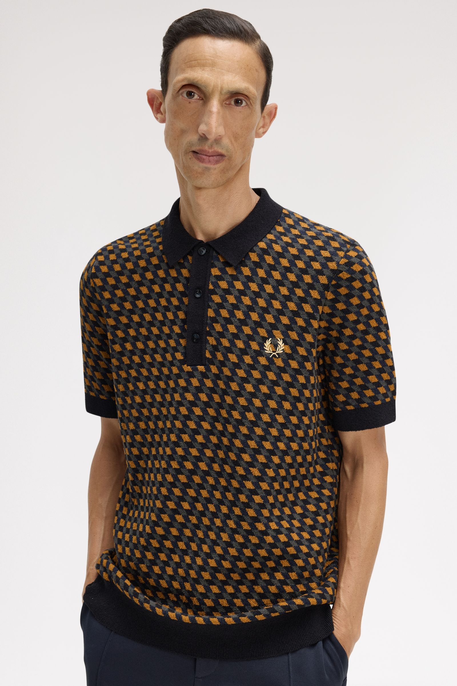 Fred Perry Geometric Knitted Shirt (Dark Caramel)