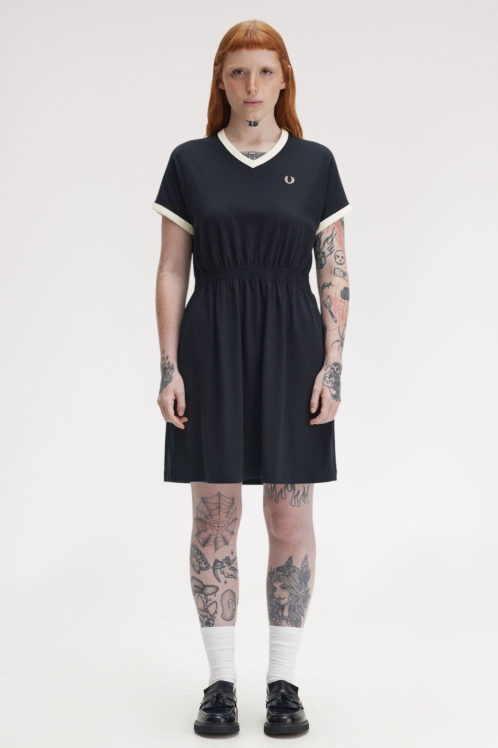 Fred Perry V-Neck Jersey Dress in Navy 