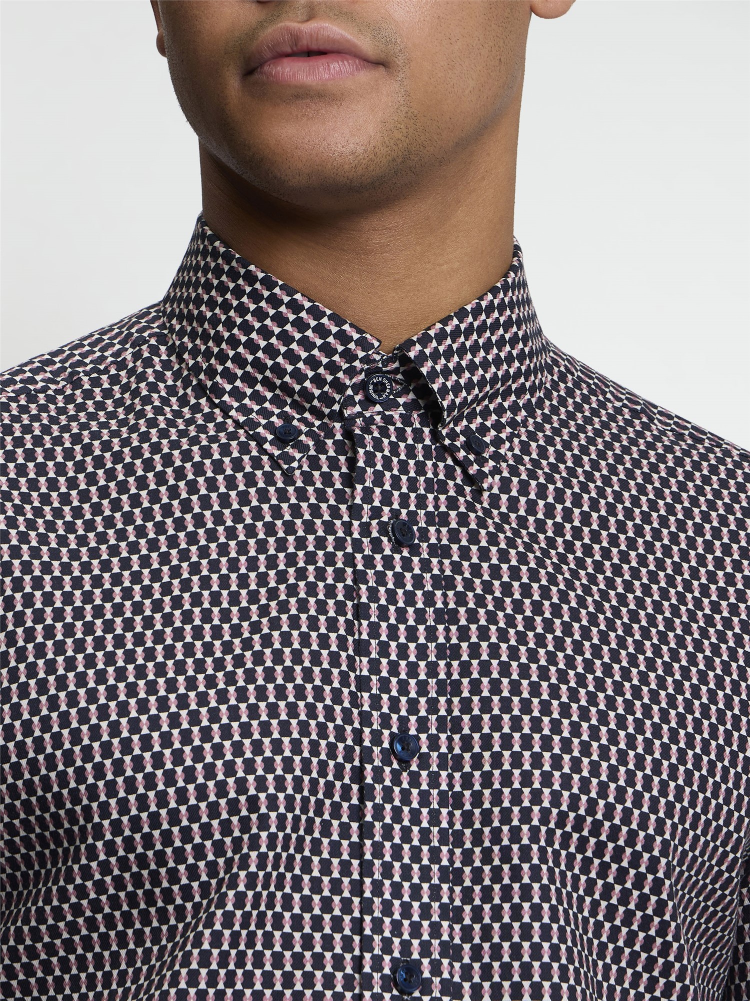 Ben Sherman Long Sleeve Micro Geo Print Shirt (Dark Navy)