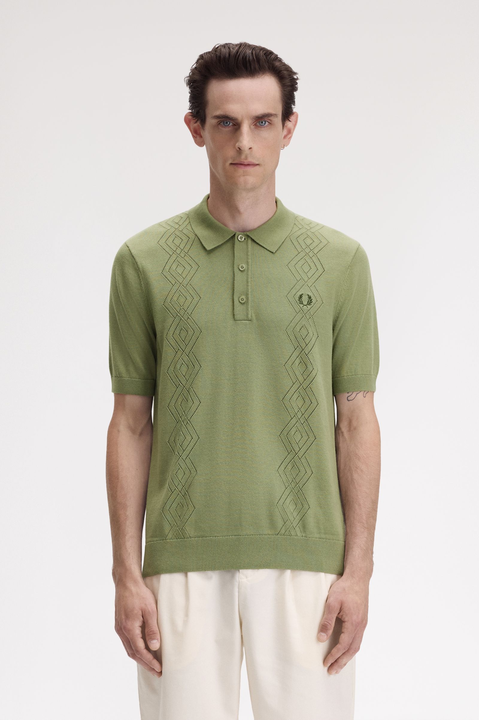 Fred Perry Pointelle Knitted Shirt in Olive Mint 