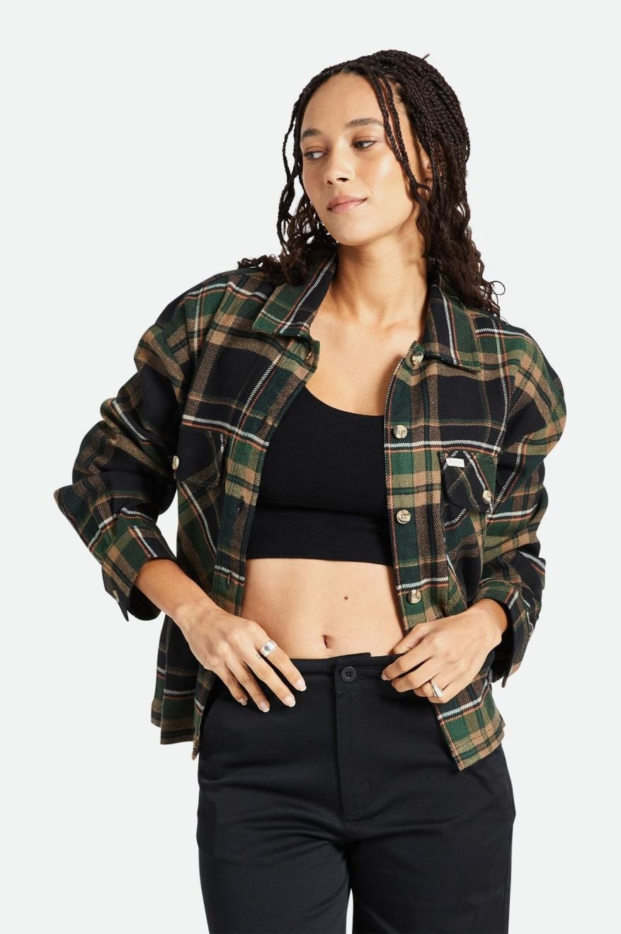 Brixton Bowery W L/S Flannel in Black/Pine Needle