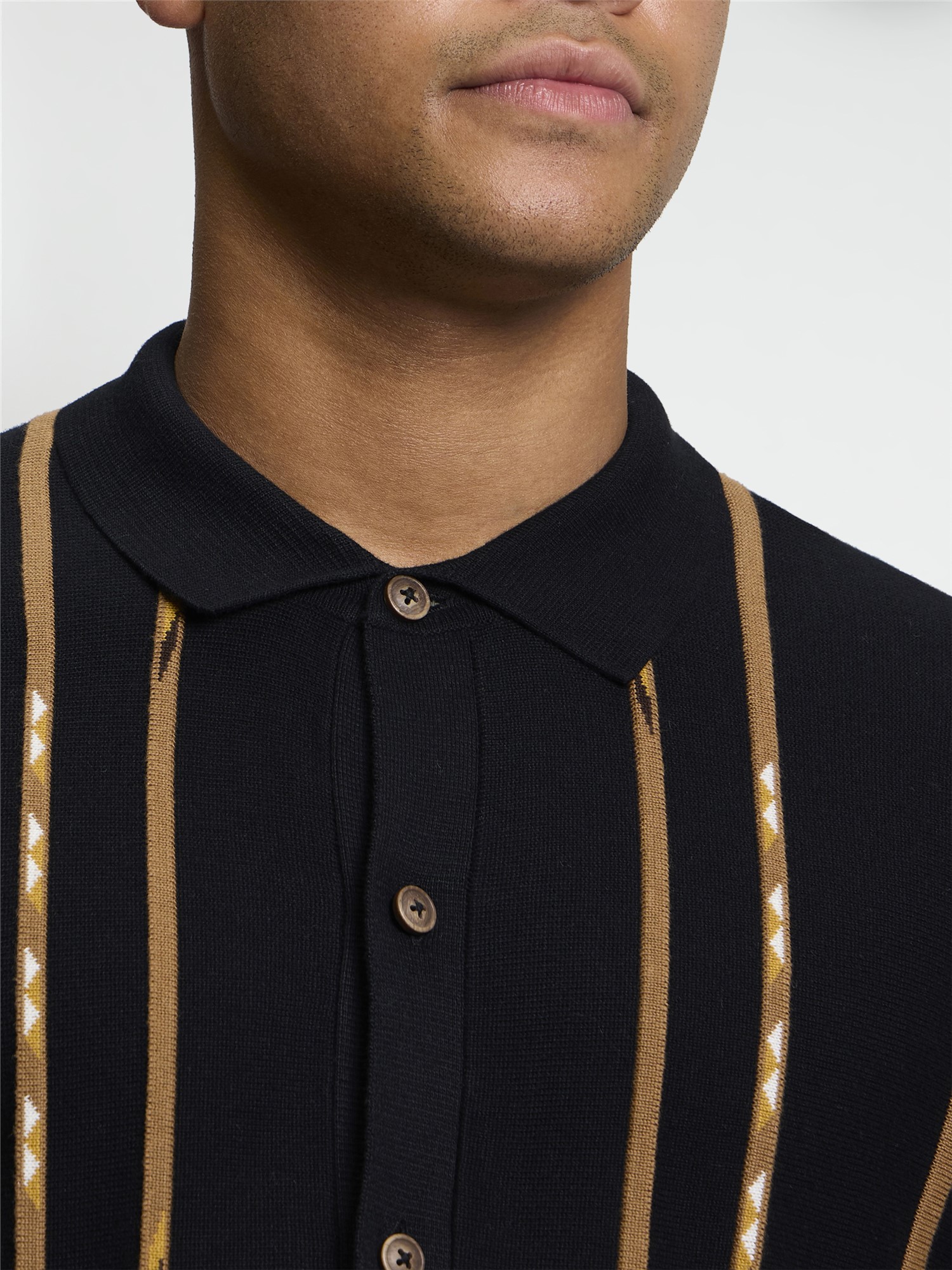 Ben Sherman Long Sleeve Placed Geo Polo (Black) 