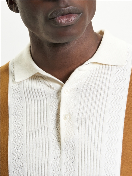 Ben Sherman Textured Block Stripe Knitted Polo in Caramel