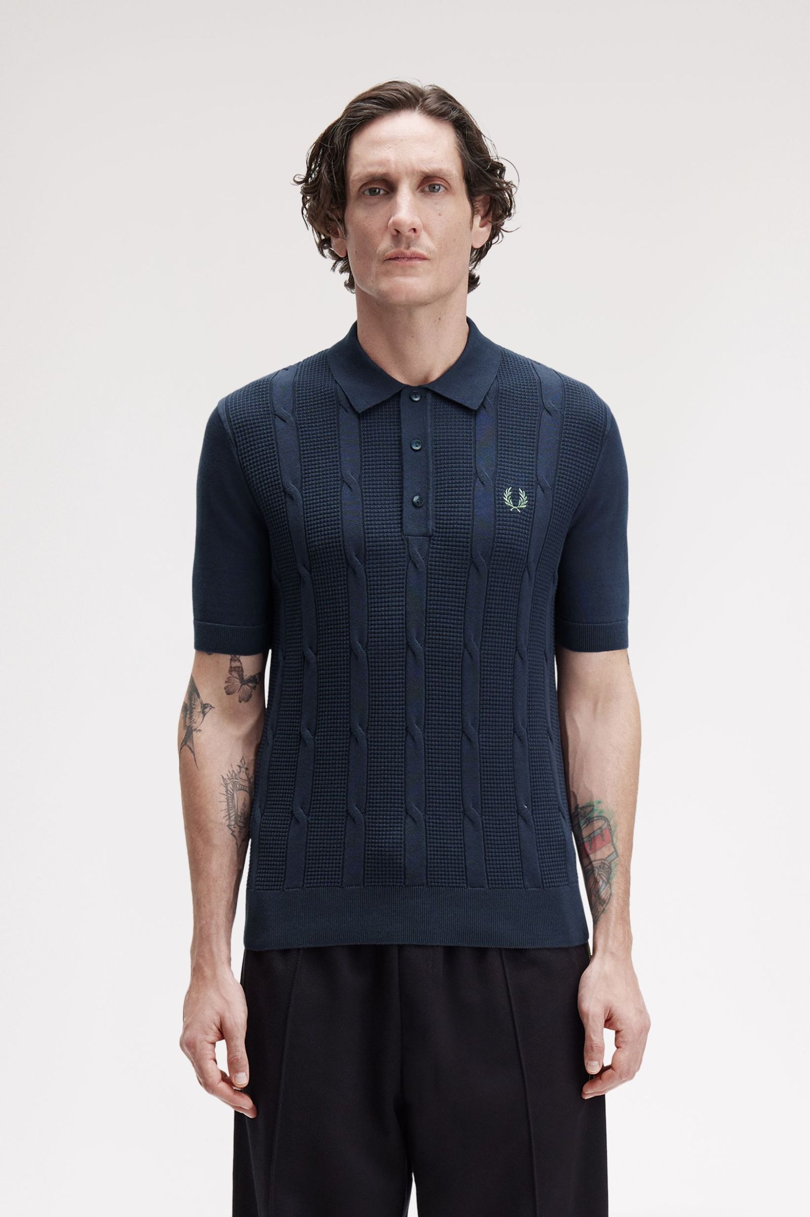 Fred Perry Textured Cable Knit Polo Shirt (Dark Airforce) 