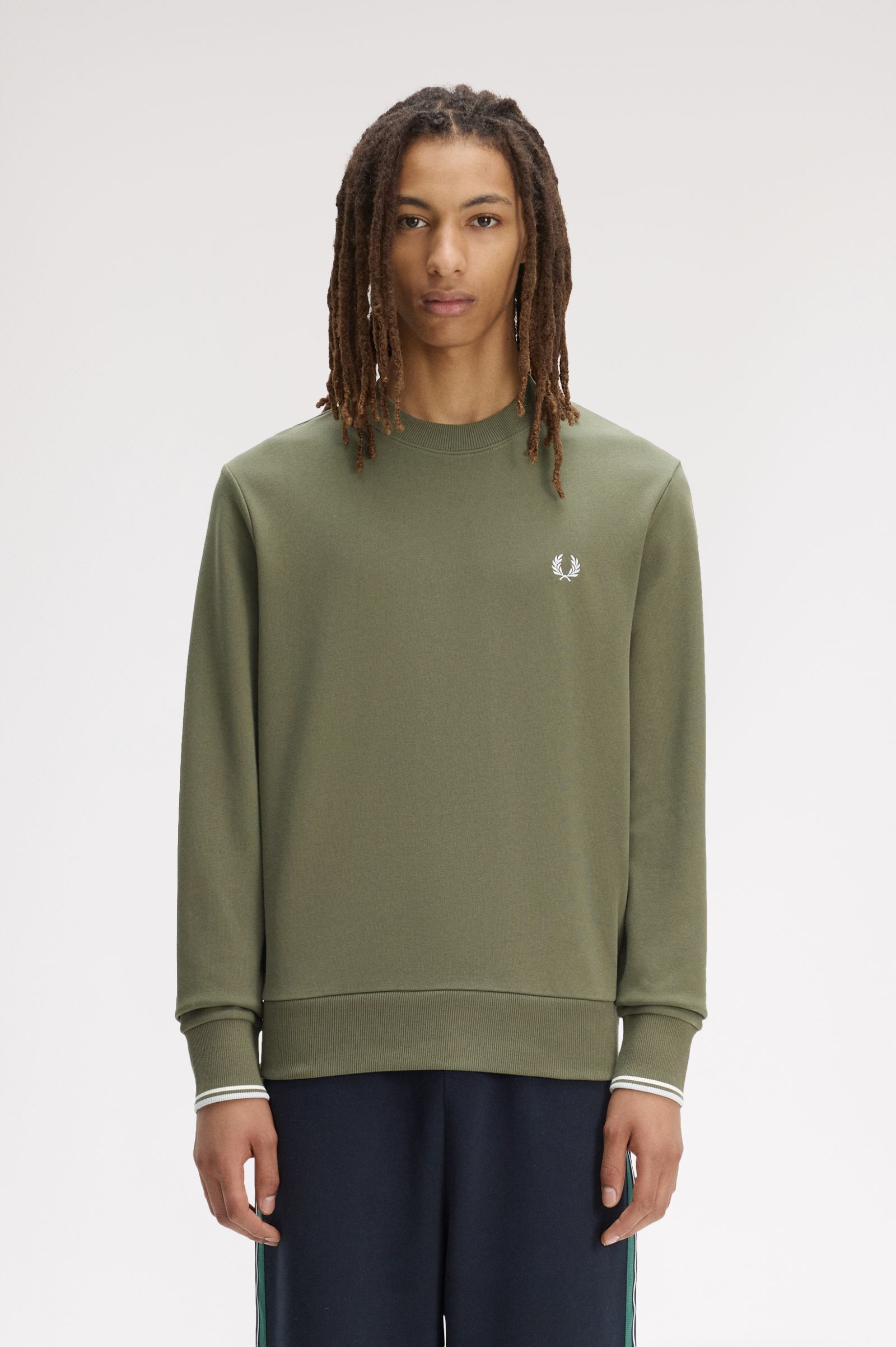 Fred Perry Crew Neck Sweatshirt (Laurel Wreath Green/Ecru/Dusky Blue)