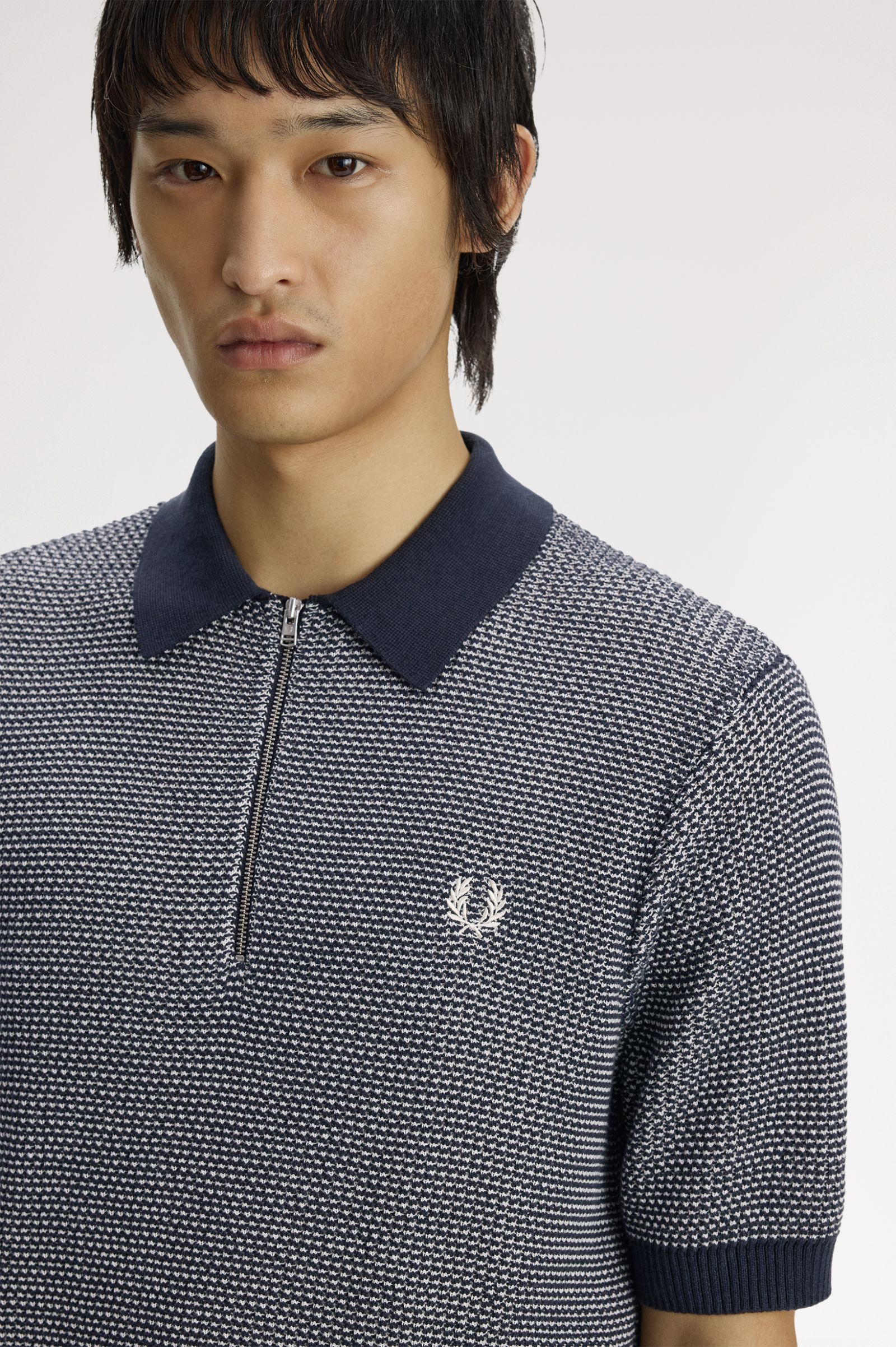 Fred Perry Textured Knitted Zip-Through Shirt (Navy) 