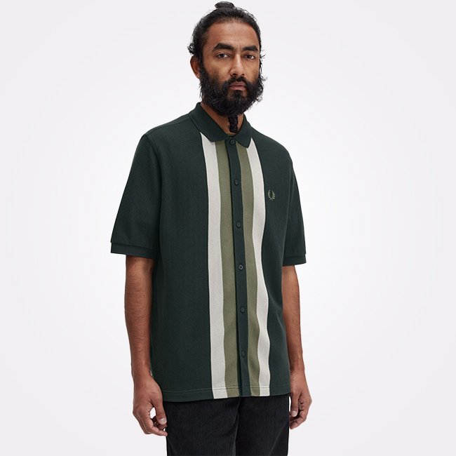 Fred Perry Panelled Button through Polo Shirt (Dark Airforce)