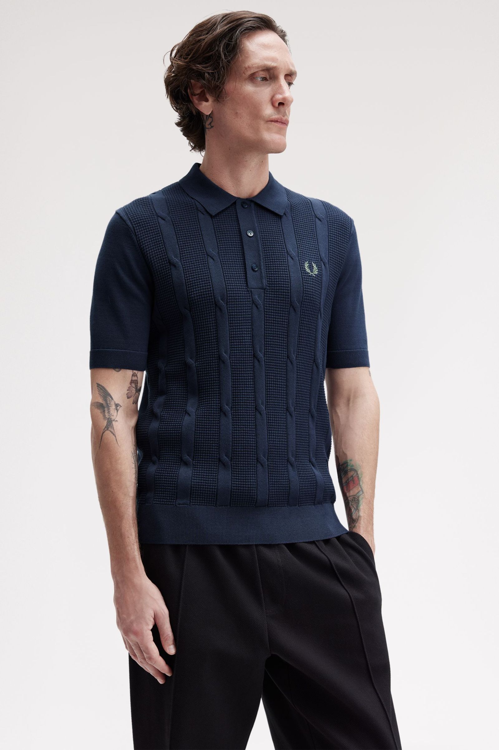 Fred Perry Textured Cable Knit Polo Shirt (Dark Airforce) 