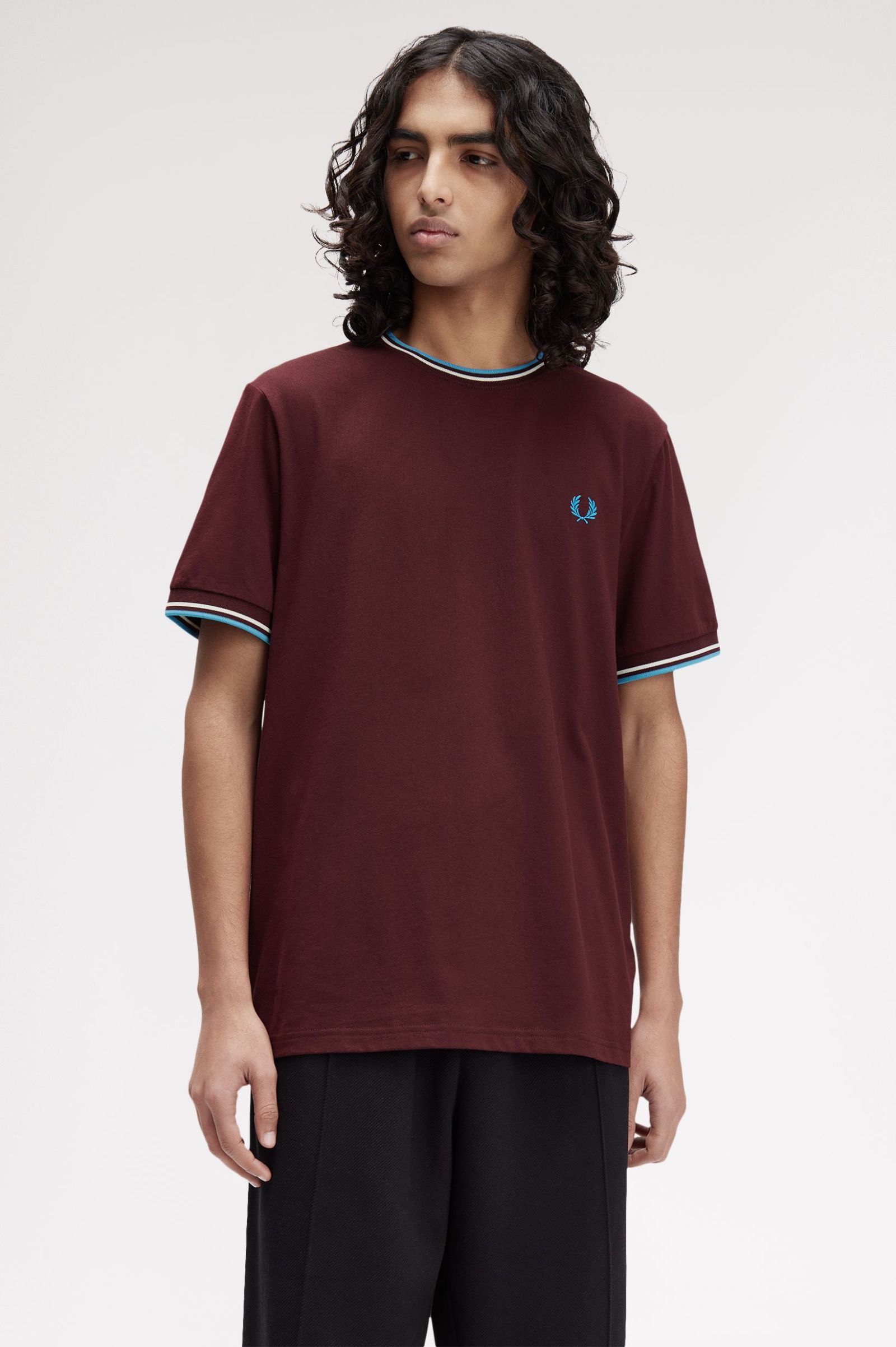 Fred Perry Twin Tipped T-Shirt in Oxblood/Ecru/Court Blue  
