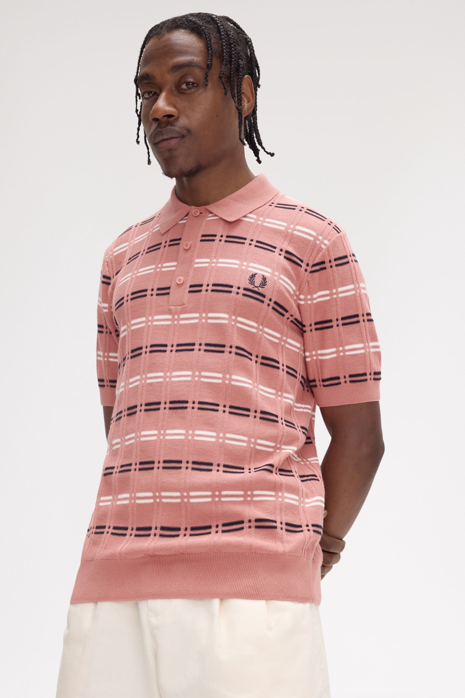 Fred Perry Striped Rib Knitted Shirt in Putty Pink