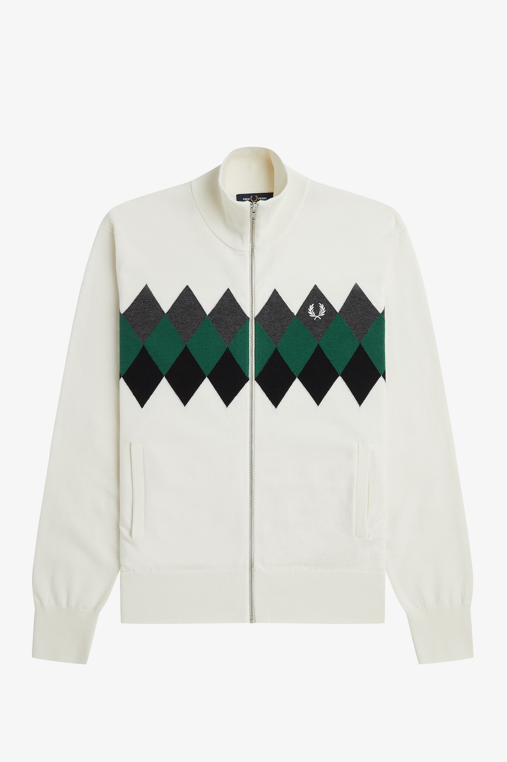 Fred Perry Reissues Cardigan mit gestricktem Rautenmuster und Intarsienmuster Schneeweiß