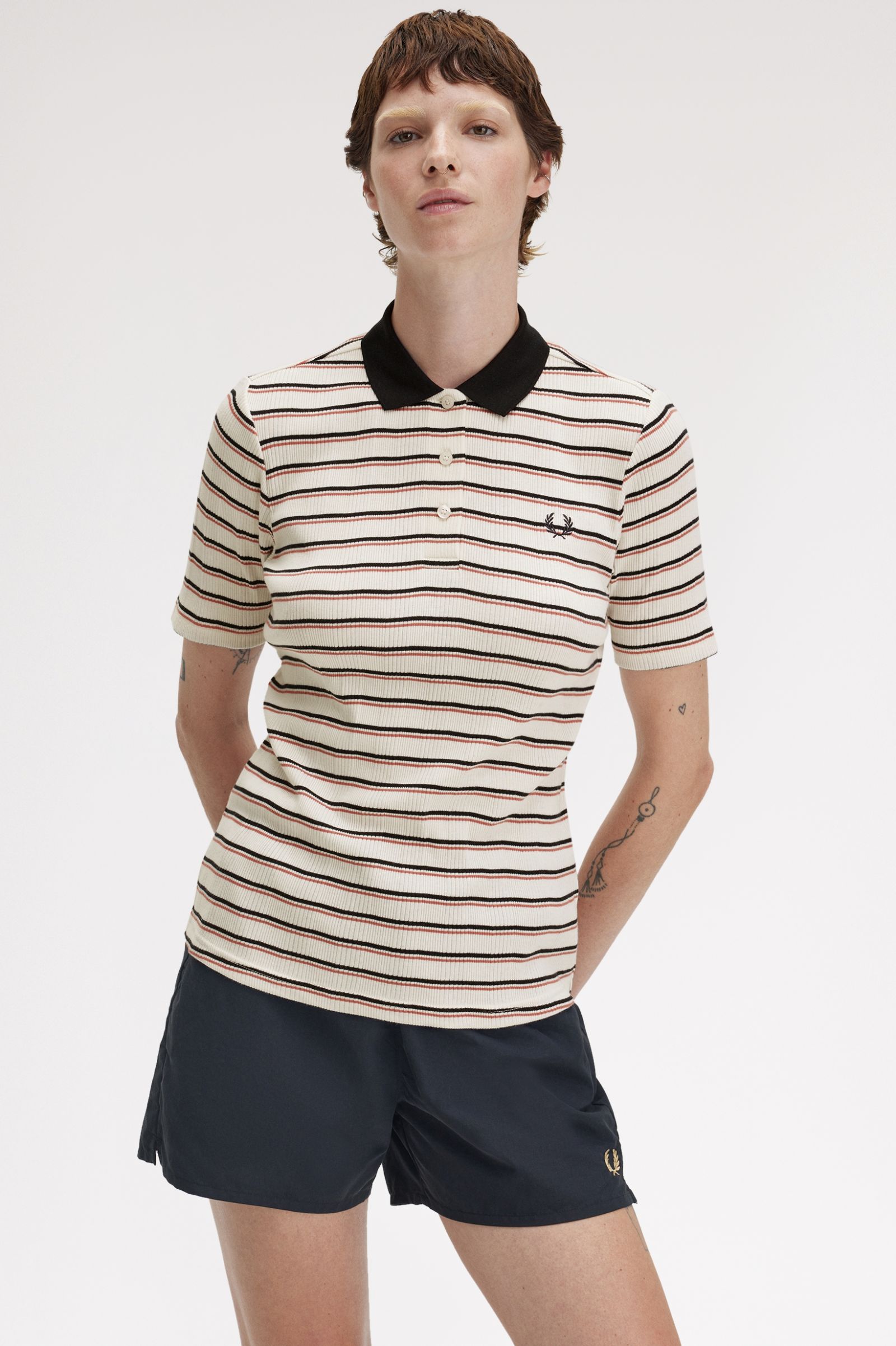 Fred Perry Stibed Ribbed Polo Shirt in Silky Peach
